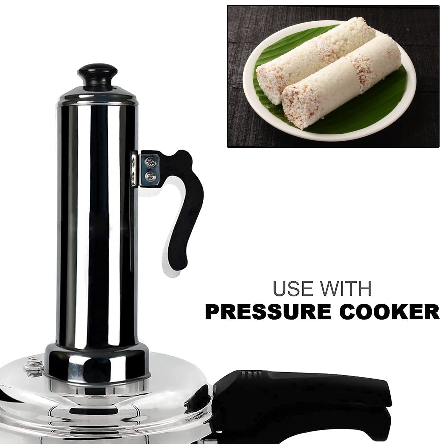5311 Puttu Maker With Steamer Plate Metal Stick Black Plastic Handle Silver Lid  Puttu Maker Set  To Use With Pressure Cooker Top Food Grade Stainless Steel 5311 Puttu Maker With Steamer Plate Metal Stick Black Plastic Handle Silver Lid  Puttu Maker Set  To Use With Pressure Cooker Top Food Grade Stainless Steel